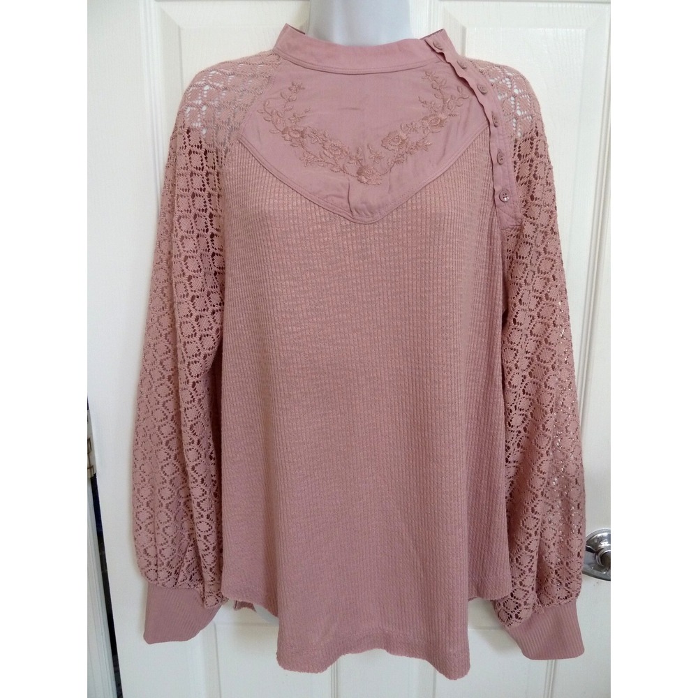Free People Pink Waffle Knit Boho Top Embroidered Lace Balloon Sleeve Tunic M